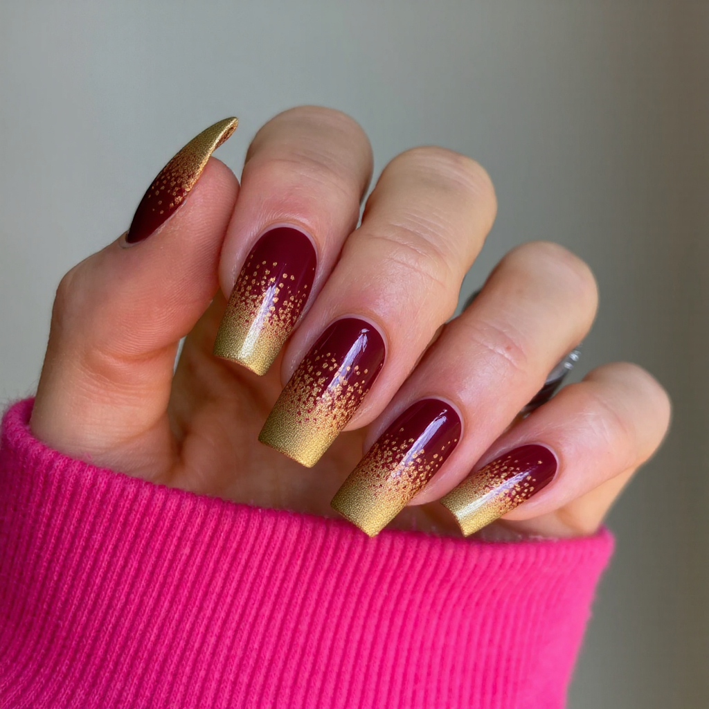 A warm burgundy on long square nails with gold tips to match the changing autumn leaves.