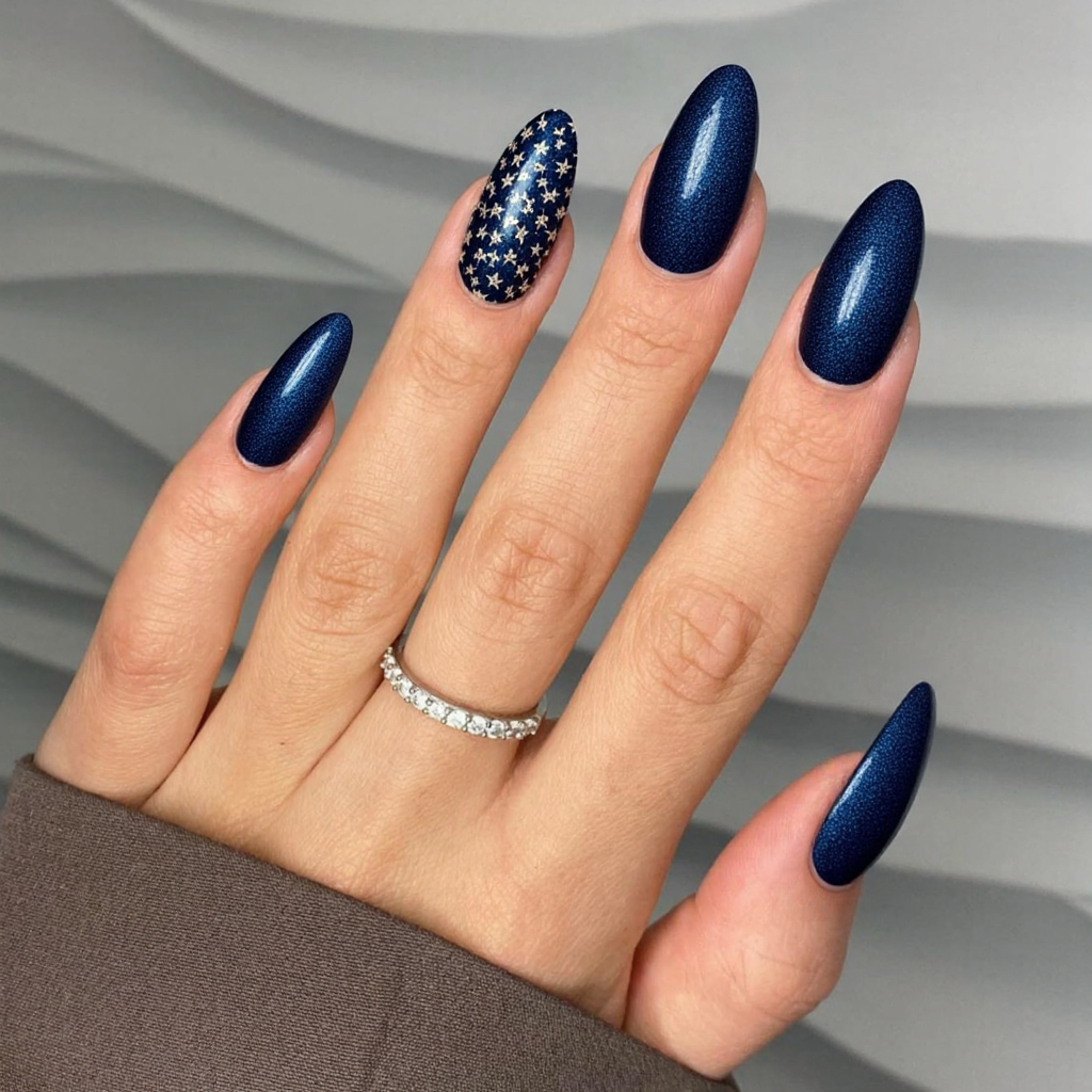 Long almond nails in a shimmering midnight blue, with a single accent nail featuring tiny star decals.