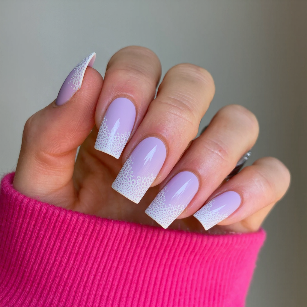 Long square nails in pastel lavender with a dainty lace pattern hand-painted on the tips.
