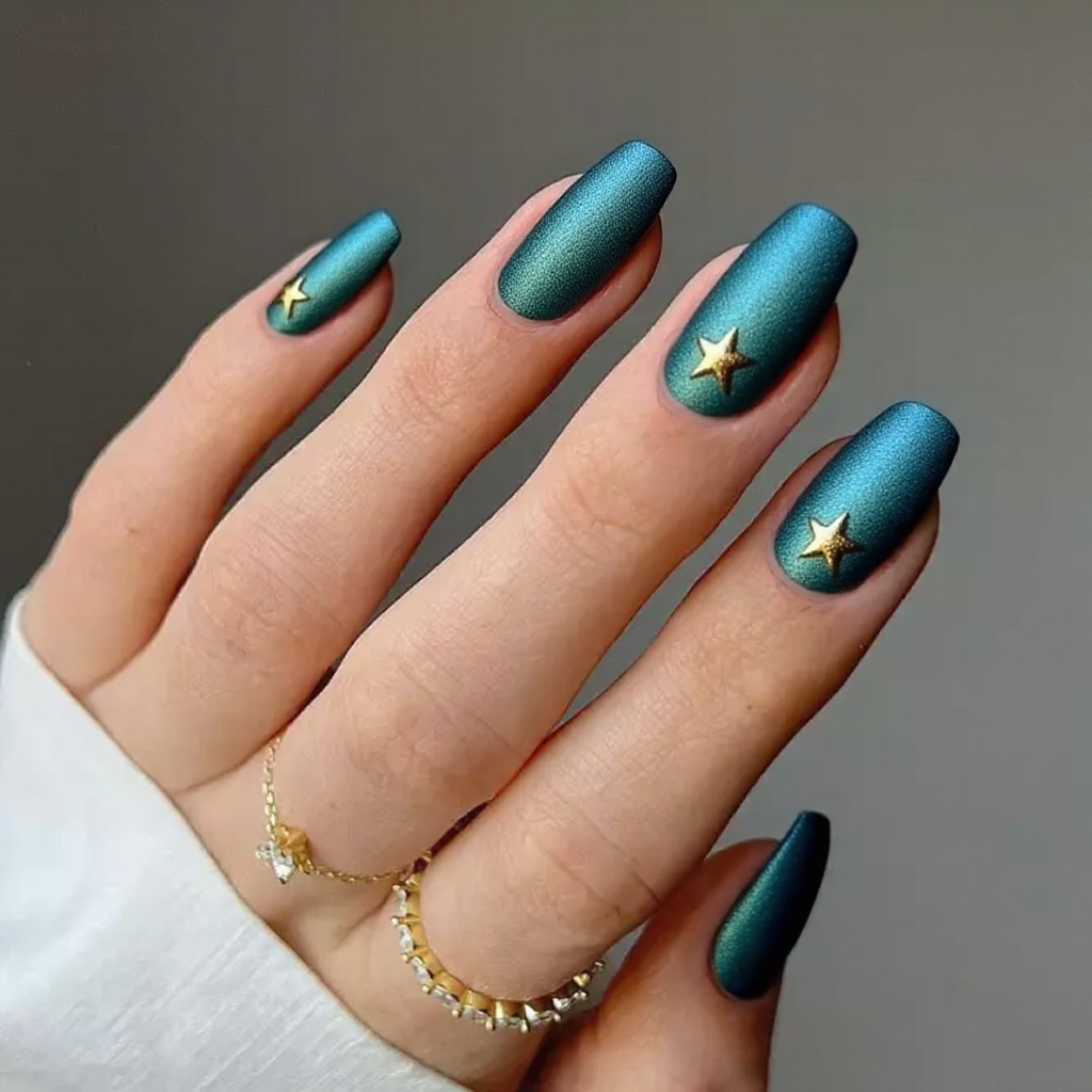 Medium stiletto nails in a metallic teal-blue, accented by a tiny gold star on each ring finger.