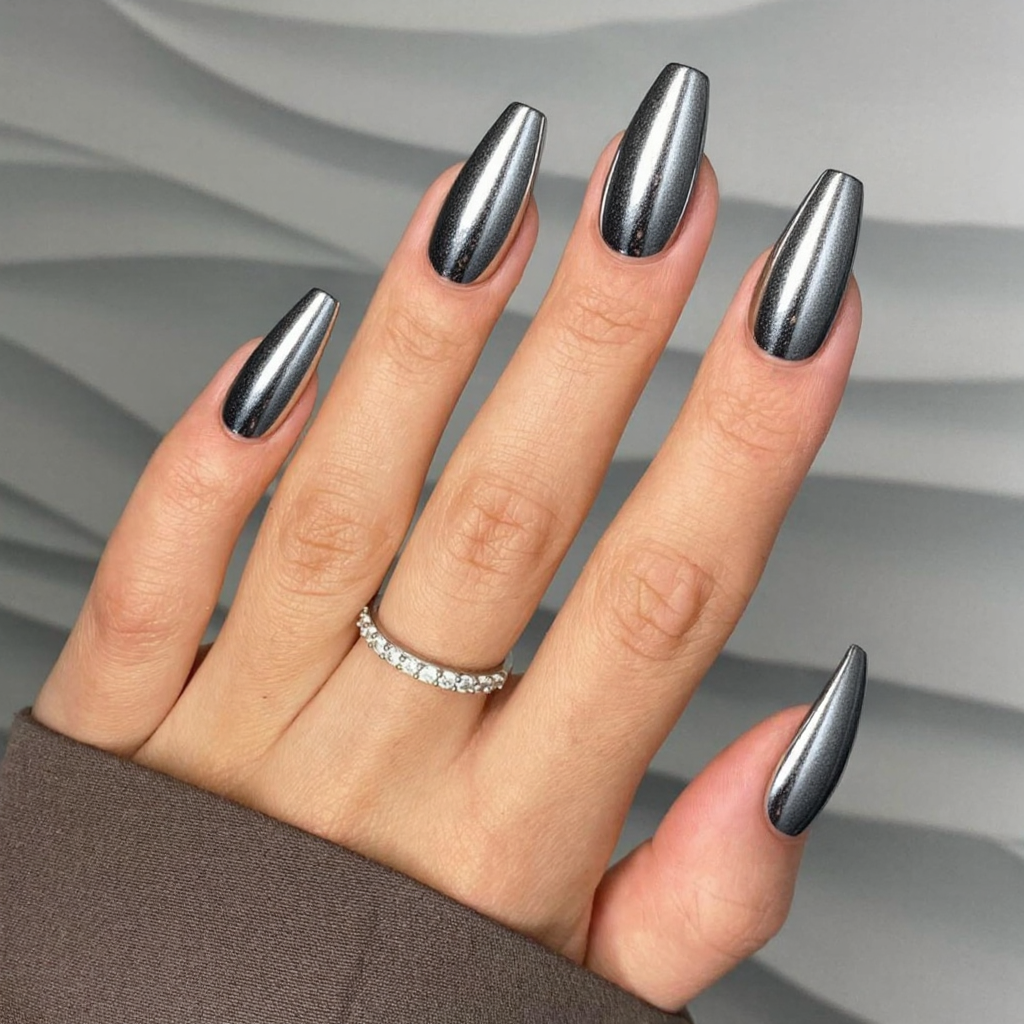 I want long almond nails in a chrome silver finish for a bold, futuristic look.