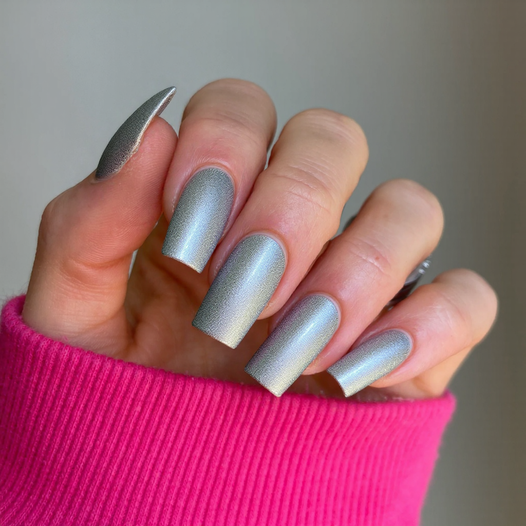 Long square nails in a metallic silver, perfect for a bold statement manicure.