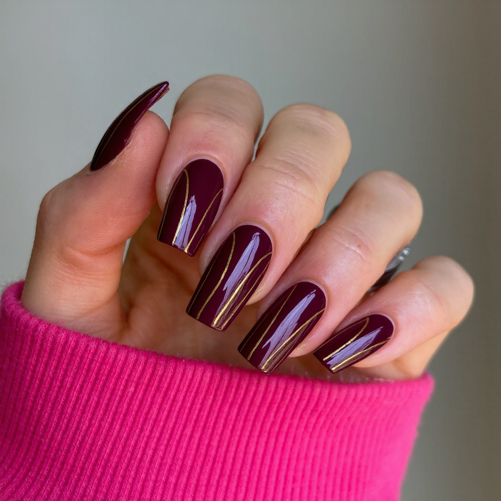 Long square nails in a deep wine color with subtle gold lines running along the sides for sophistication.
