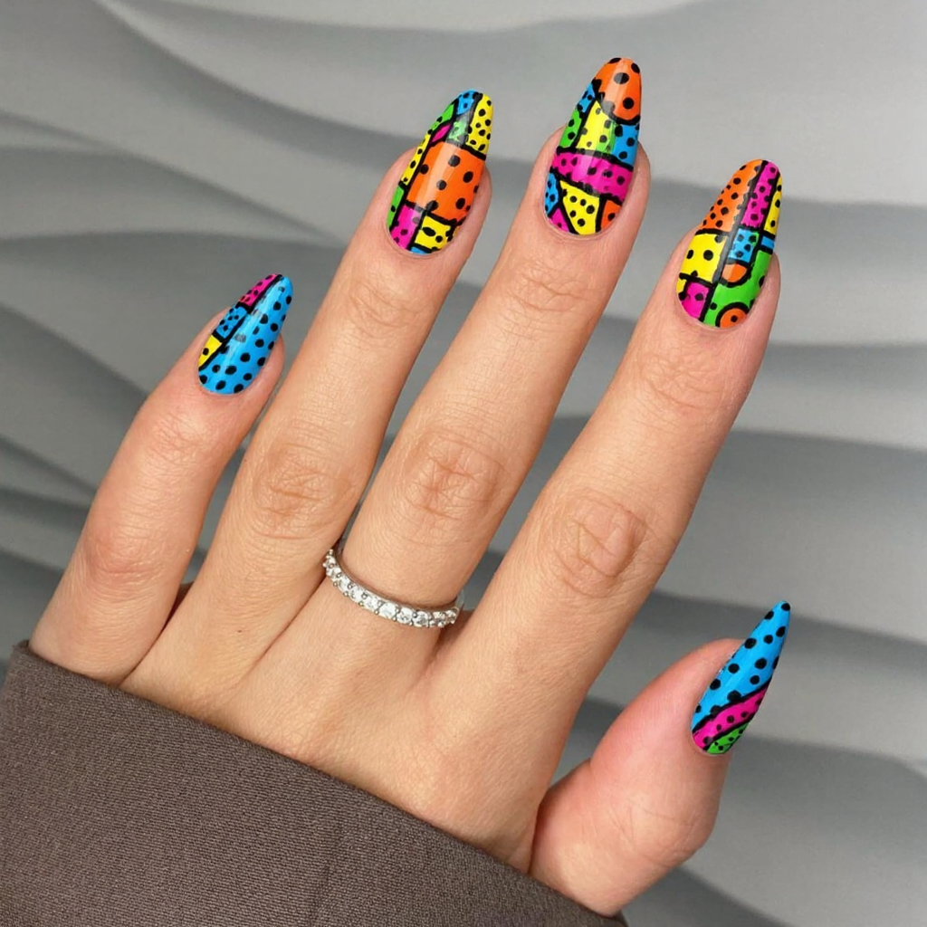 I want a long almond mani with a neon pop-art nail art style—bright blocks of color and comic-style dots.