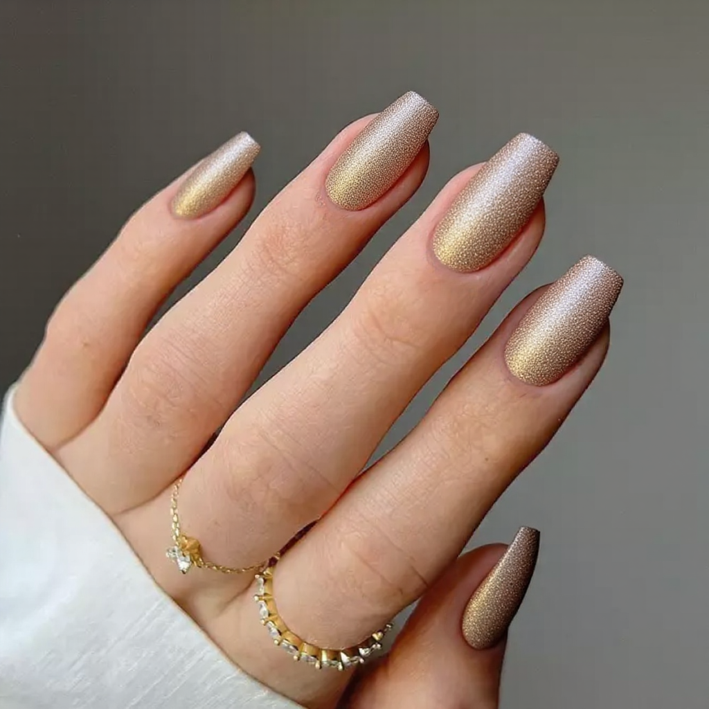 I'd like medium stiletto nails in a shimmery champagne color, maybe with a gradient glitter effect at the tips.