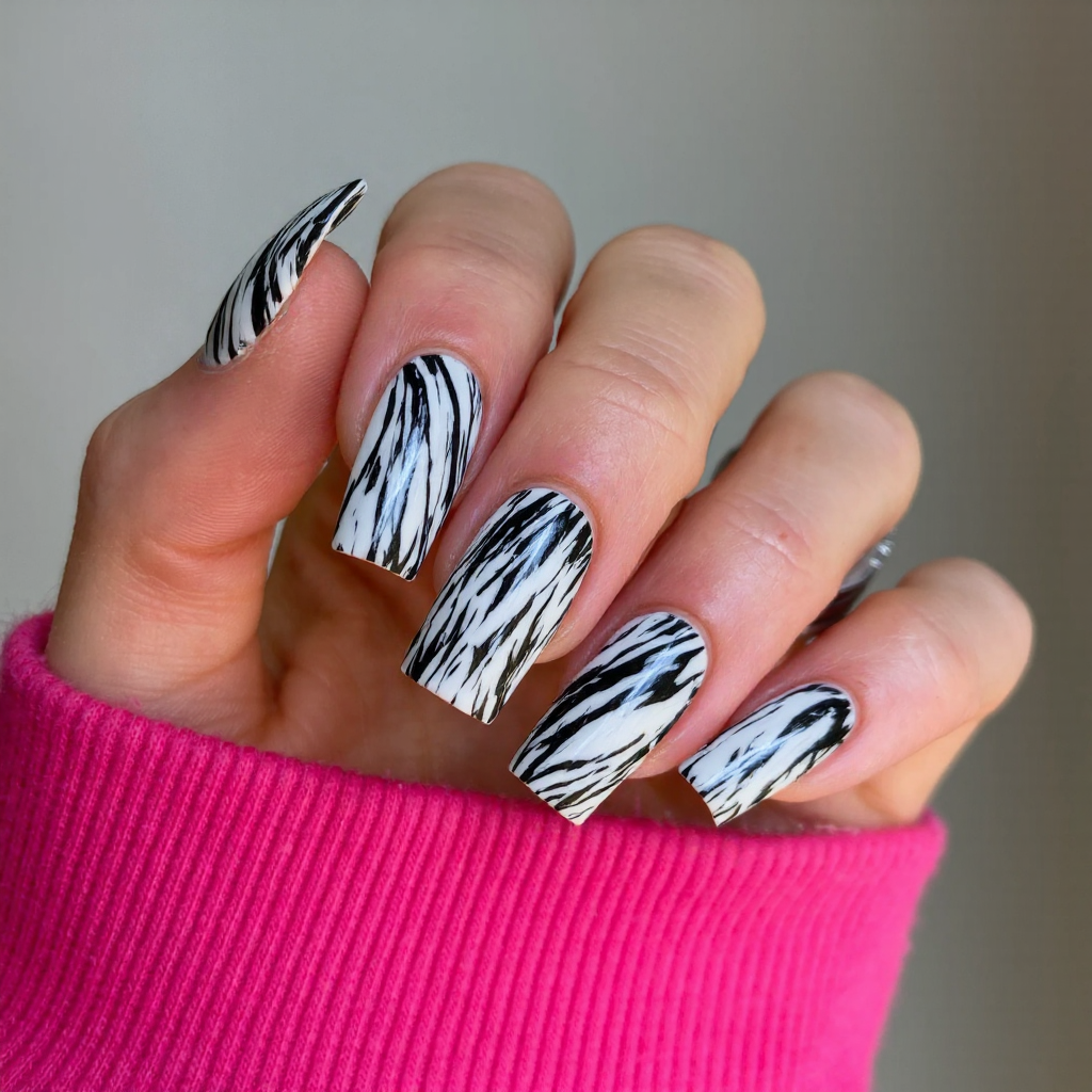 Long square nails in a black-and-white marble design for a chic, contemporary look.