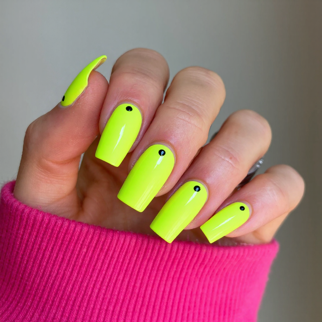 Long square nails in a neon yellow, each with a single black accent dot near the cuticle.