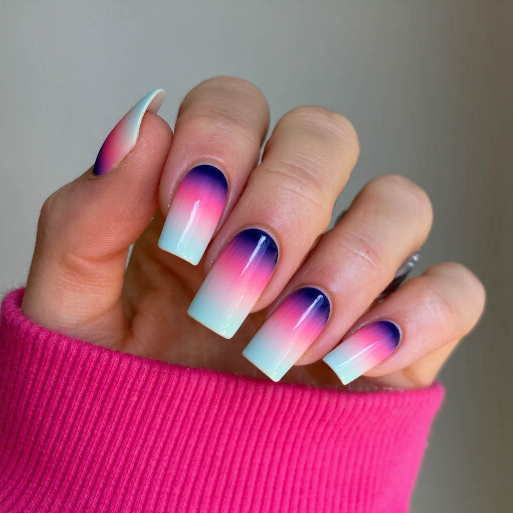 Long square nails showcasing a color-changing thermal nail art effect that shifts with temperature.