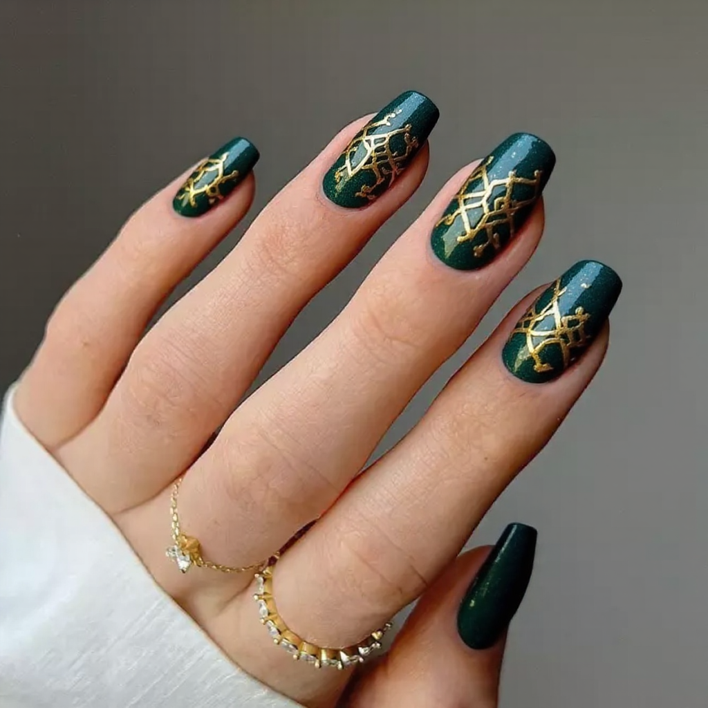 Medium stiletto nails in a deep emerald green with gold geometric patterns for a luxurious January style.