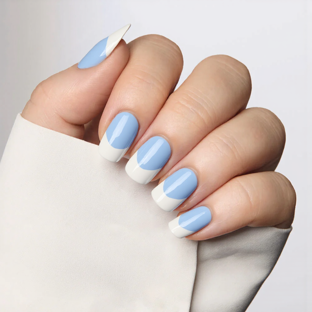 I'd love a French manicure on medium almond nails, but with pastel blue tips instead of the traditional white.