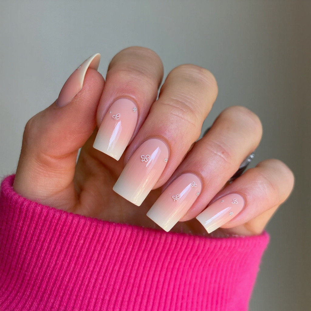 Long square nails in a soft peach with translucent pink tips and tiny butterfly stickers for a spring vibe.