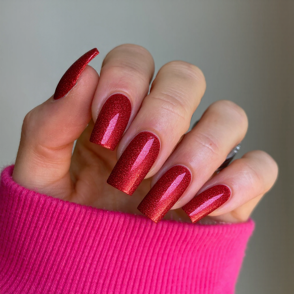 Long square nails in a sparkling red glitter polish, perfect for a festive occasion.