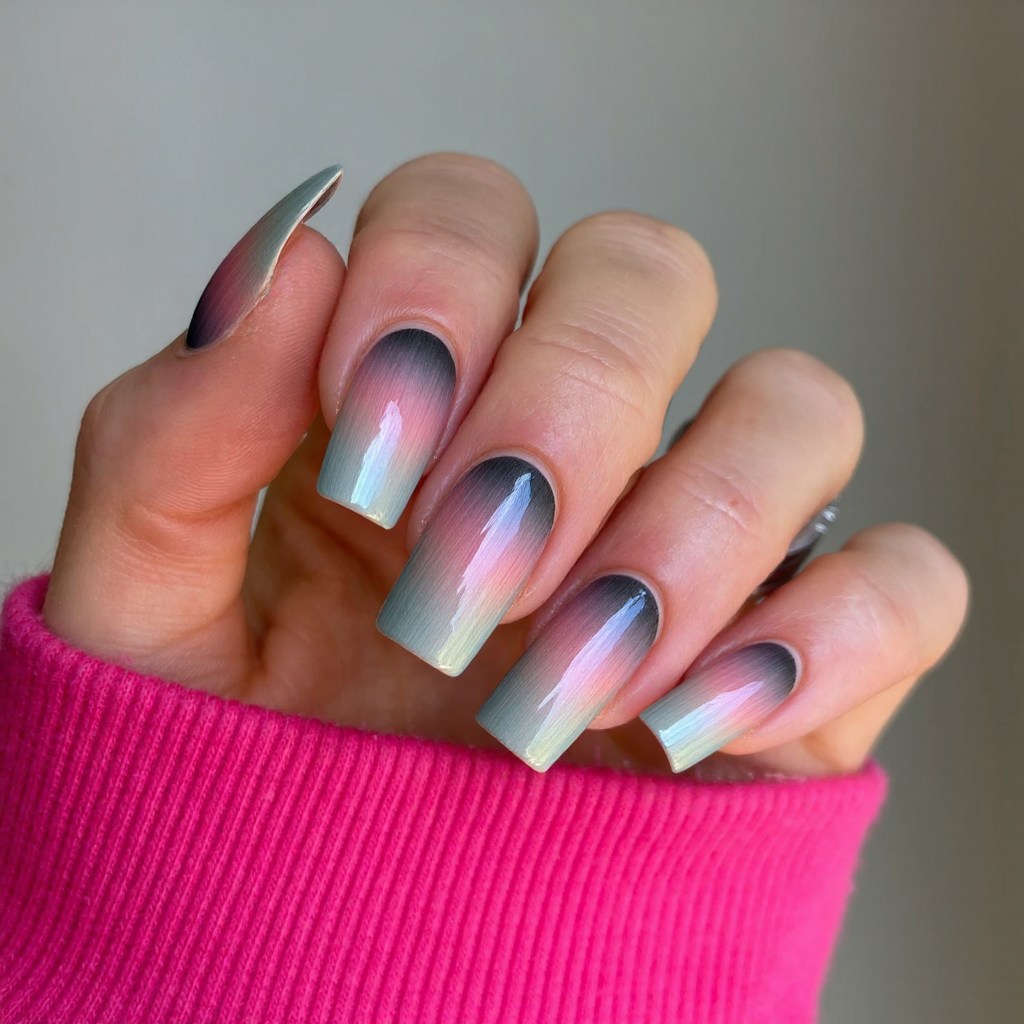 Long square nails featuring a reflective mirror polish with gradient undertones, ideal for a cutting-edge 2025 design.