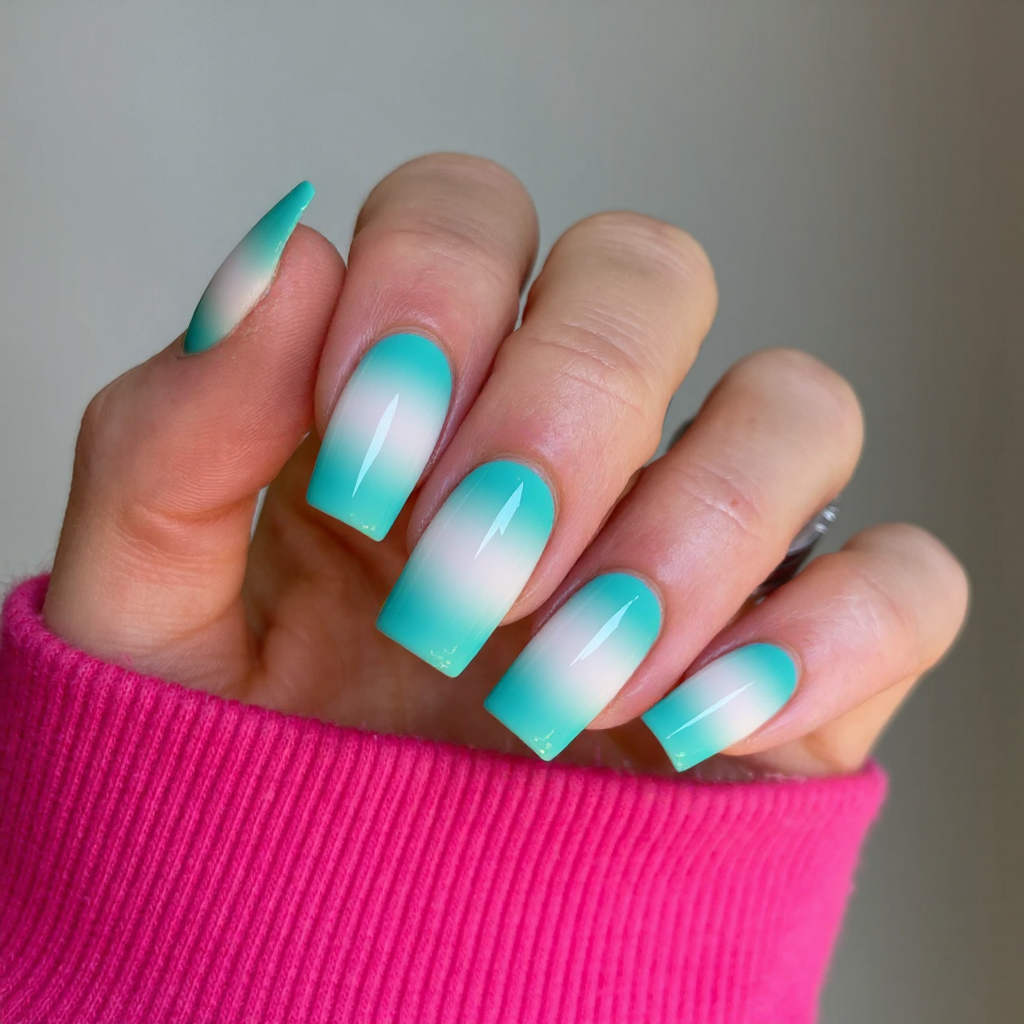 Long square nails in a cool teal to white ombre, giving a refreshing and elegant appearance.