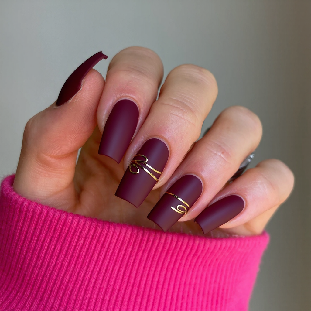 Long square nails in a matte burgundy, each ring finger embellished with a thin gold foil stripe.