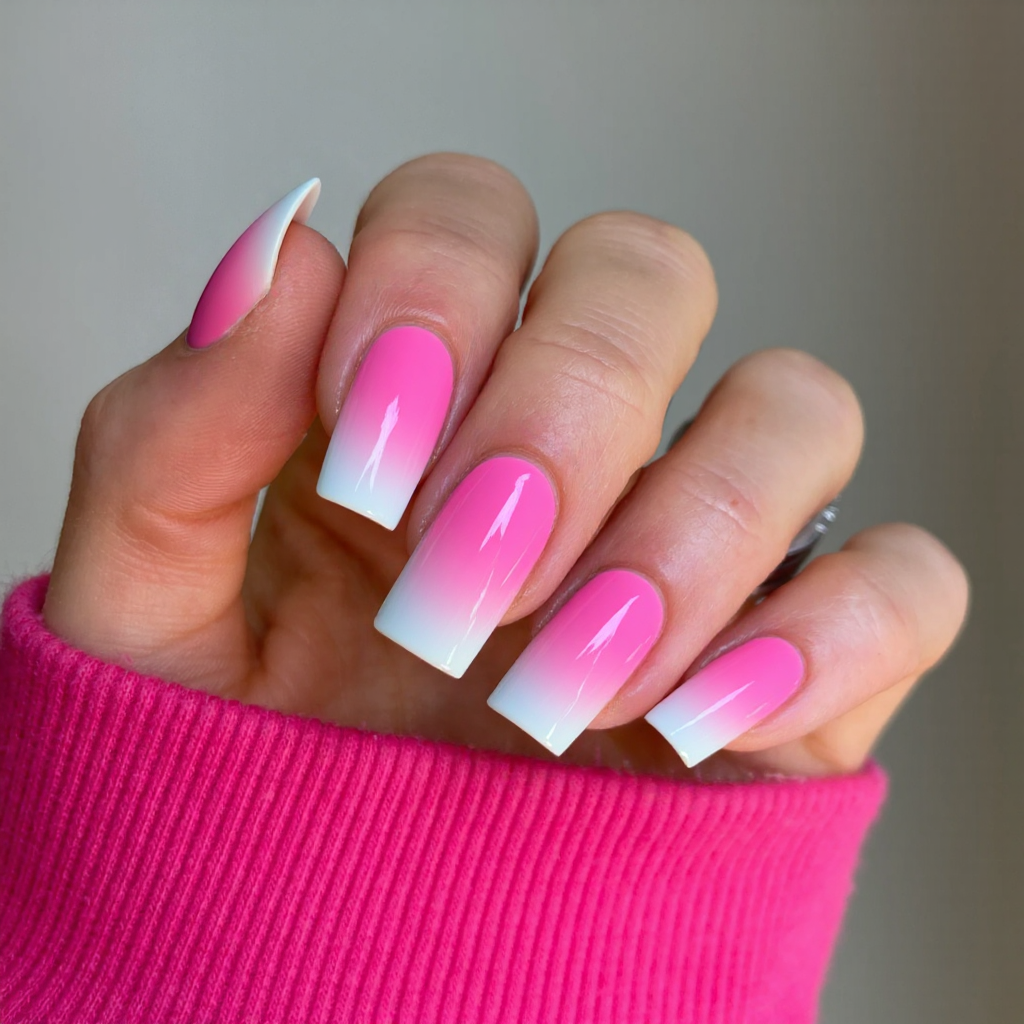 Long square nails with a bold neon French tip for a summer-ready vibe—classic meets modern.