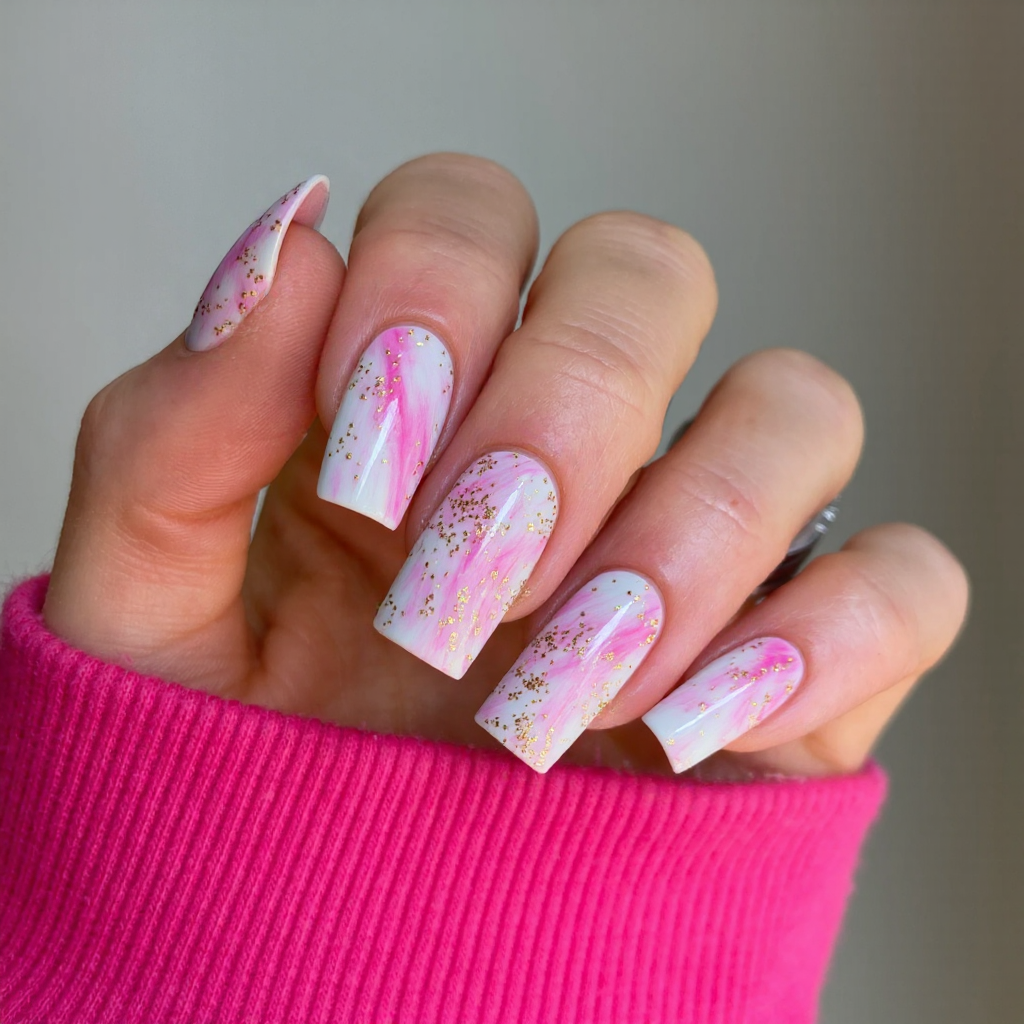 Long square nails in a marbled pink-and-white design, accented with subtle gold flakes.