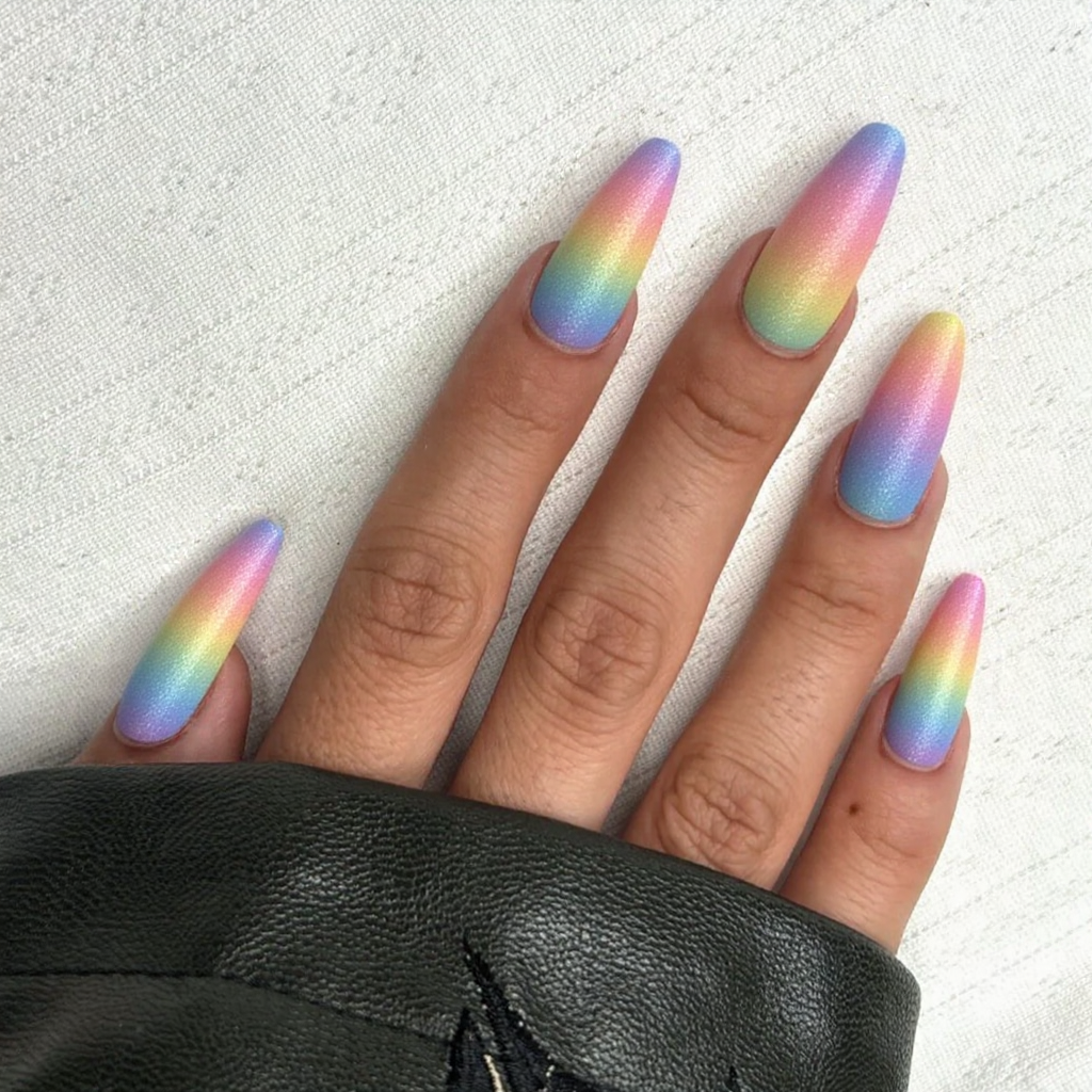I'd love long stiletto nails in a pastel rainbow ombre with subtle sparkles for extra cuteness.