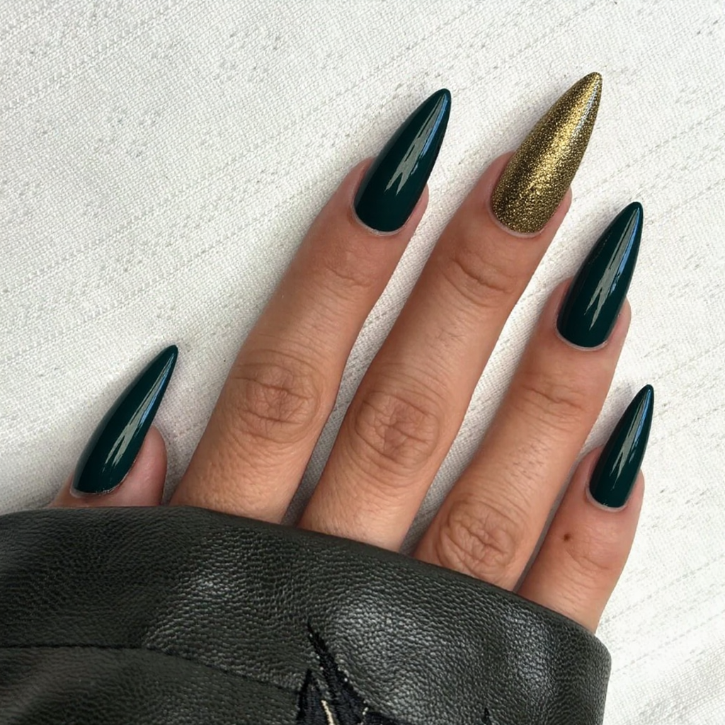 I'd like a dark forest green base on long stiletto nails with a touch of gold glitter near the cuticles.