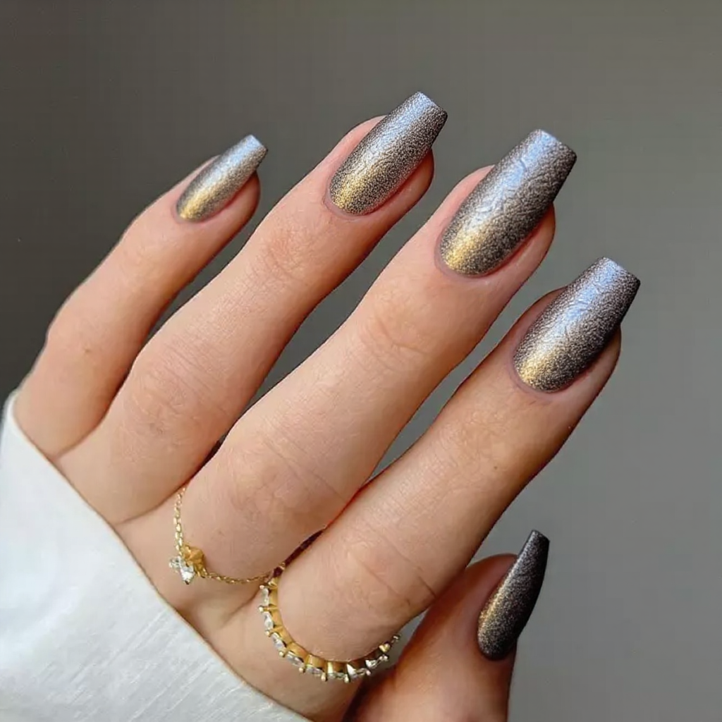 Medium stiletto nails featuring a liquid metal finish with abstract swirls, embodying the futuristic essence of 2025.
