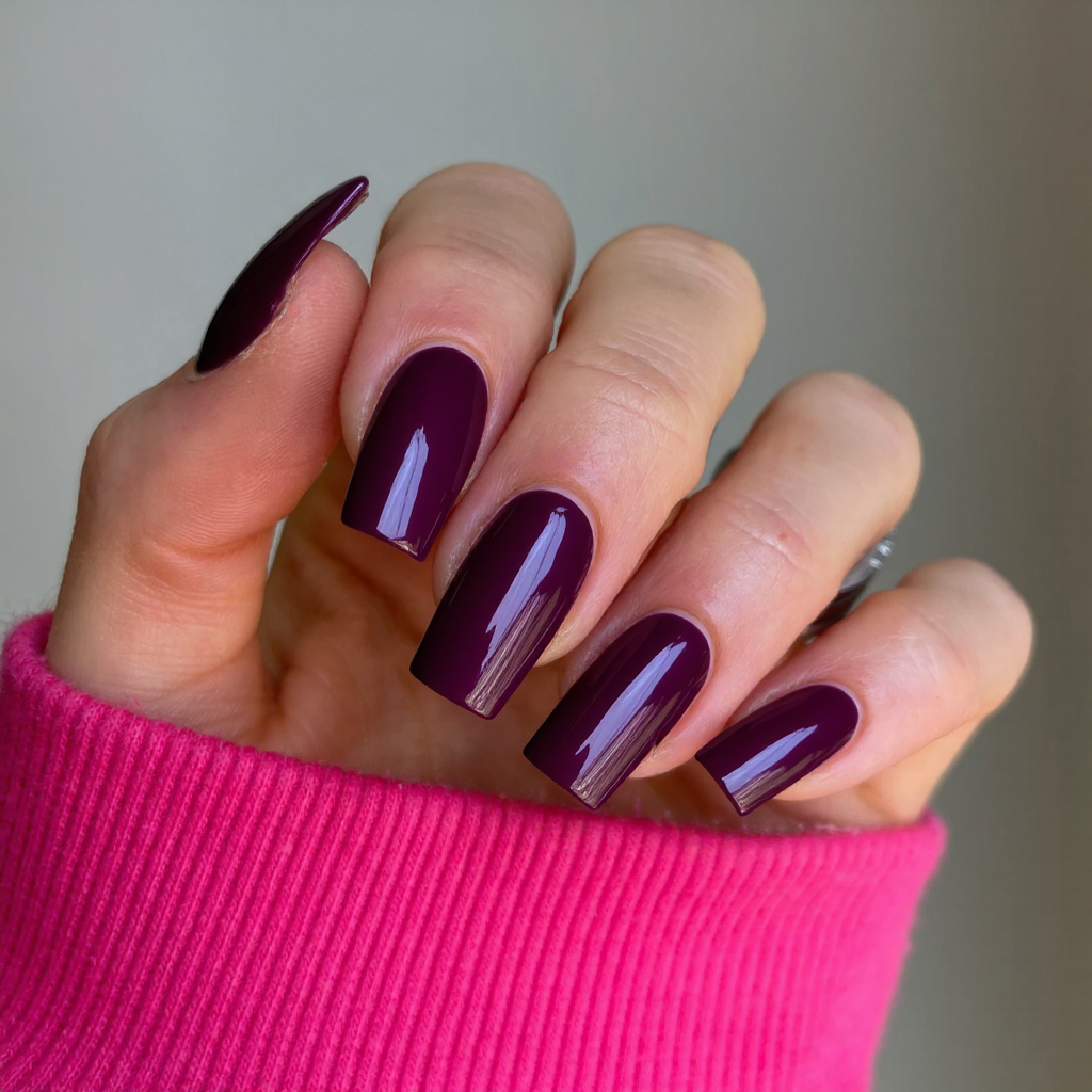 Long square nails in a deep plum with a glossy topcoat, perfect for a sleek winter vibe.