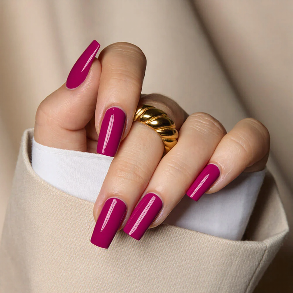 How about medium square nails in a bold Barbie-pink shade with a glossy topcoat for that extra shine?