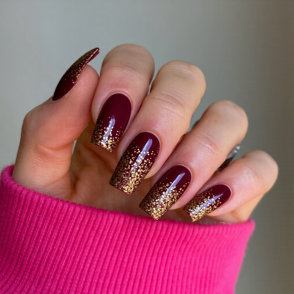 Long square nails in a rich burgundy with gold foil accents, perfect for January evening events.