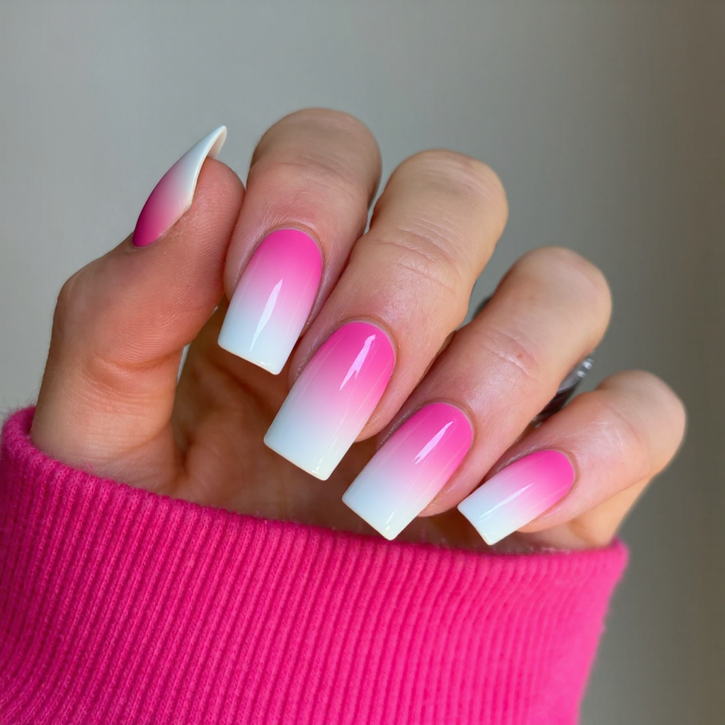 Long square nails in a gradient pink-to-white ombre, for a sweet, feminine vibe.