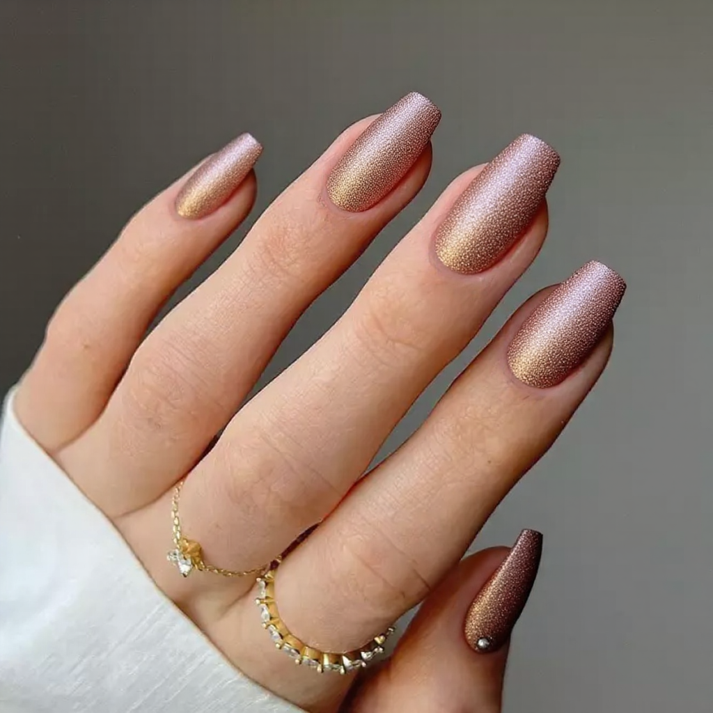 Medium stiletto nails in a shimmering rose gold, each featuring a tiny crystal at the base for added sparkle.