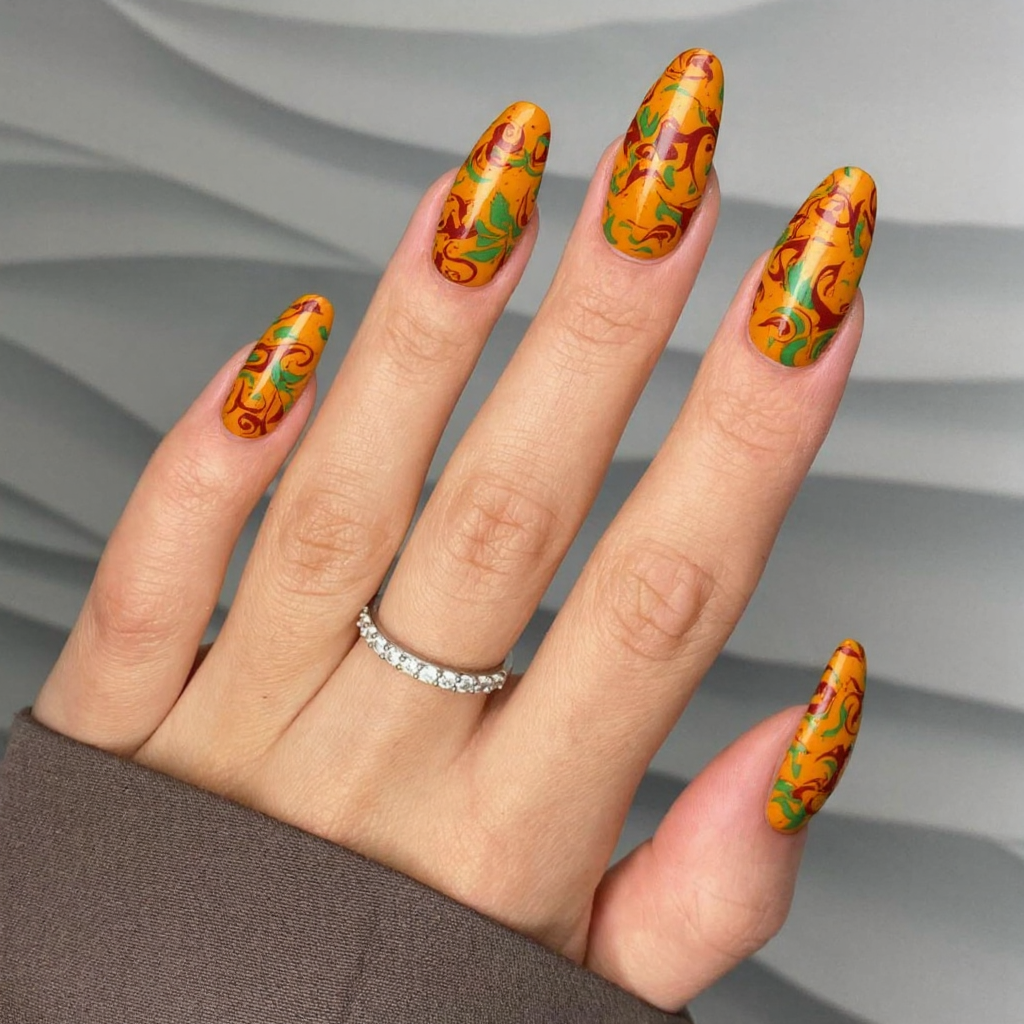 Create a stunning nail art design that embodies the vibrant 70s aesthetic. Incorporate a retro color palette featuring warm shades like mustard yellow, burnt orange, and avocado green. Use these colors to create dynamic swirls and bold geometric patterns that evoke a sense of nostalgia and playfulness. The long almond shape of the nails will beautifully showcase the intricate designs, making them a perfect canvas for the lively and funky vibe of this era. Aim for a harmonious balance between the swirling motifs and geometric elements, ensuring that the overall look feels cohesive and eye-catching.