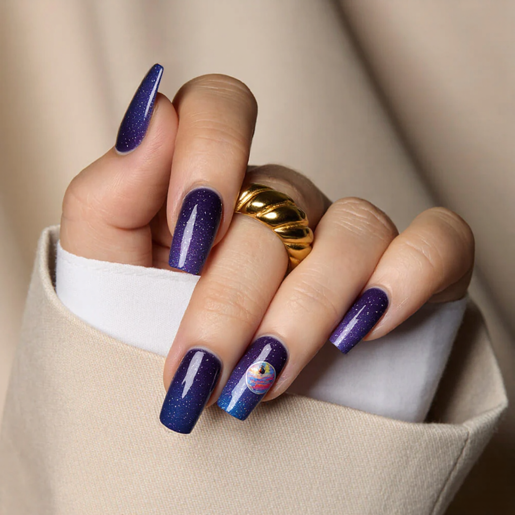 Create a stunning cosmic-themed nail design that showcases a beautiful gradient of dark blue and deep purple hues, seamlessly blended to evoke the depths of space. Incorporate twinkling glitter to represent stars scattered across the night sky, adding a touch of magic and brilliance. For an enchanting focal point, include a small, intricately detailed planet or a crescent moon accent on one or two nails, enhancing the celestial theme. The design should be perfect for medium-sized square nails, ensuring a modern and stylish finish that captures the awe of the universe.