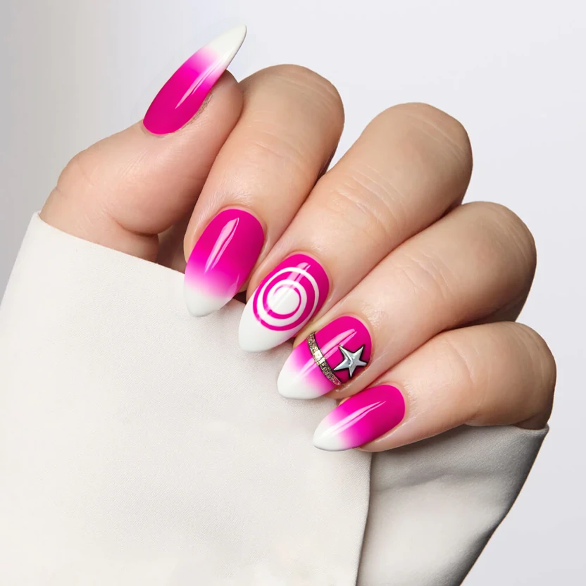Almond-shaped nails featuring a vibrant hot pink as the base color, providing a fresh and playful look. The classic French tip is reimagined with a hot pink finish on all nails, creating a striking yet feminine statement. The middle finger showcases a subtle pink aura design that gently fades, adding a soft and ethereal touch, while the ring finger features a sophisticated white French tip adorned with a delicate hot pink star in the center. The remaining nails maintain a glossy finish, ensuring an elegant contrast between the playful elements and the minimalist base, perfectly suited for the medium length and graceful curve of almond nails.