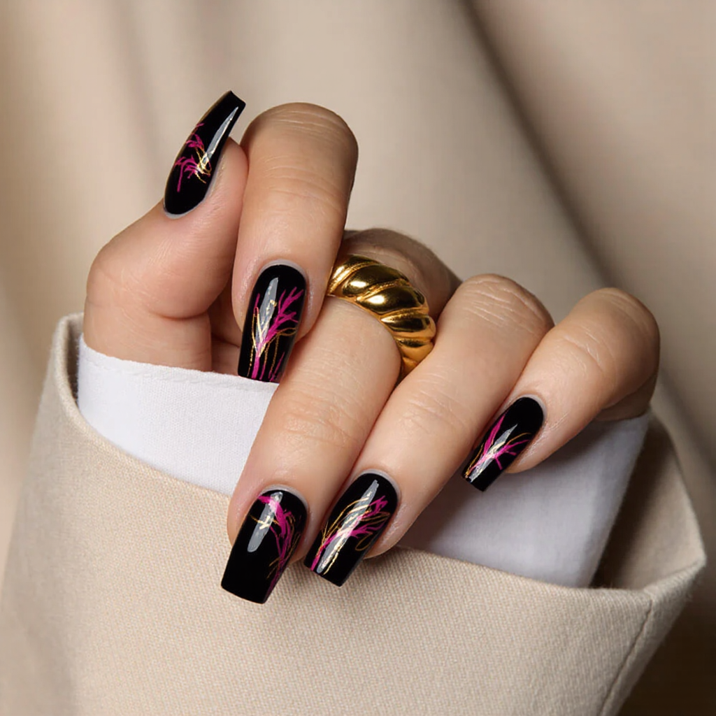 Nails featuring a sleek black base that provides a dramatic and elegant canvas. On a couple of nails, there's a minimalistic abstract design composed of delicate hot pink and gold accents, embodying a modern artistic flair. These accents take the form of subtle strokes and geometric shapes, strategically applied to ensure the design remains chic and refined, with no more than four elements per nail. The remaining nails maintain the solid black base for a balanced look. A glossy finish enhances the overall sophistication, making this design perfect for medium square nails, ensuring a stylish and striking appearance.