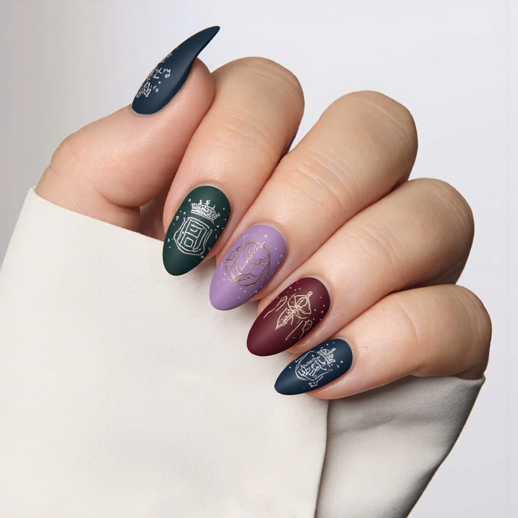 Elegant almond-shaped nails showcasing a cohesive color palette of matte tones. The left thumb features a matte jet black base adorned with a delicate, minimalistic crown design in white, while the index finger showcases a deep forest green, embellished with a slender silver snake curling around the letters 'SSS,' seamlessly integrated into the design. The middle finger is a rich navy blue, presenting a subtle yet striking simple FBI badge, maintaining the minimalist theme. The ring finger is a soft lavender with a small, stylized red paisley bandana knot, artistically placed near the cuticle. The pinky displays a serene matte burgundy, accented with a subtle illustration of a ski mask in soft gray. On the right hand, the thumb mirrors the left with a matte black finish, incorporating a simplistic pink bobby pin for a playful touch. The index finger again features the deep forest green with a regal gold snake intertwined with the letters 'SSS,' providing a luxurious feel. The middle finger in matte navy blue presents a simple yet impactful dagger design, carefully centered. The ring finger is soft lavender, embellished with minimal line art depicting a baby mobile with three dangling stars, exuding a dreamy quality. Finally, the pinky is adorned with tiny, scattered stars in the upper right for a whimsical finish. Each nail maintains its individuality while ensuring a balanced and stylish appearance, perfect for the graceful almond shape.