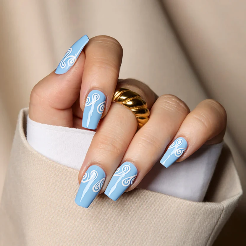 Nails featuring a classic blue French tip, elegantly transitioning from a soft powder blue at the base to a slightly darker shade at the tips, creating a refined and polished look. To add a touch of artful sophistication, delicate swirling patterns in white are painted on the index and ring fingers, consisting of up to four subtle intertwining lines without any outlines, harmonizing beautifully with the French tips. The remaining nails showcase the same pastel blue base color, maintaining a coherent and minimalistic aesthetic throughout. A glossy finish enhances the overall elegance, perfectly complementing the medium square shape of the nails.